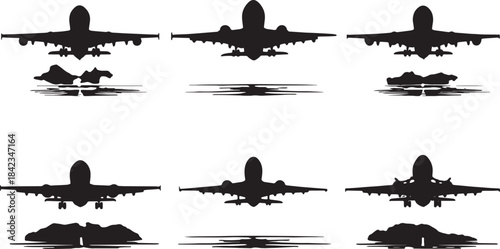 Airplane Low Pass Flyby Maneuver Black Silhouettes Set