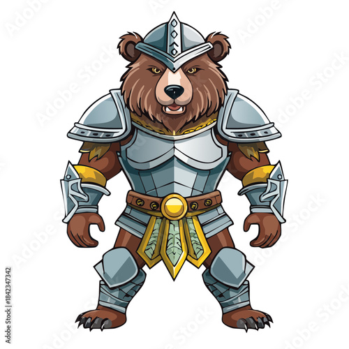 mascot of a heroic bear warrior in plated armor, dynamic stance, sharp shadows