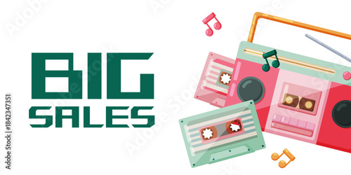 Big Sales promotion banner with retro music devices
