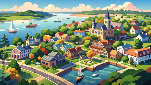 Very beautiful aerial perspective of Chestertown showing waterfront areas, greenery, and traditional colonial structures, creating a soft and inviting summer landscape ideal for travel and editorial 