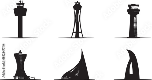 Airport Air Traffic Control Tower Black Silhouettes Set