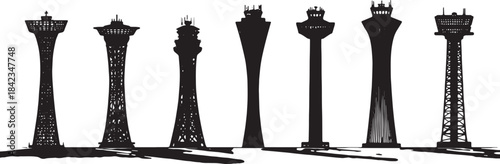 Airport Air Traffic Control Tower Black Silhouettes Set