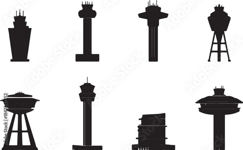 Airport Air Traffic Control Tower Black Silhouettes Set