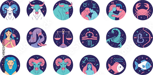Colorful zodiac signs illustration set featuring astrology symbols, horoscope icons, constellations, and celestial themed star circle designs