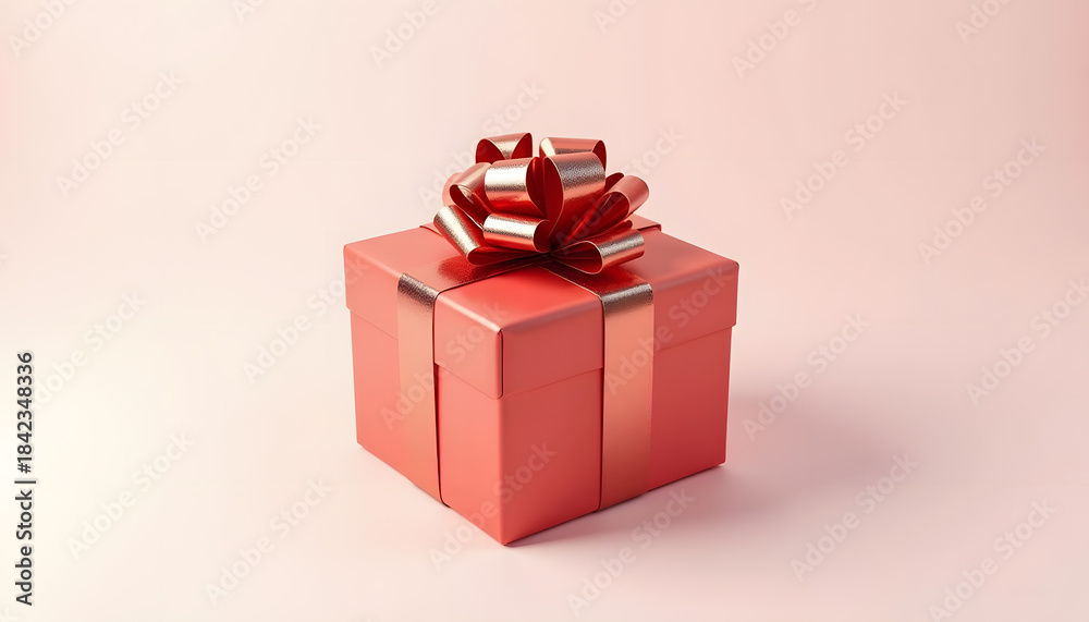 Obraz premium Elegant coral gift box with a shiny golden ribbon and voluminous bow standing on a soft pastel background. Minimal studio composition with gentle light and clean copy space, perfect for holiday