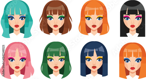 Set of Modern Women’s Faces with Vibrant Hair Colors: Fashionable Avatars Featuring Bold Makeup, Stylish Bob Haircuts, and Diverse Hues for Beauty and Digital Profile Designs