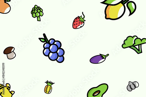 Cartoon-style fruits and vegetables on light background lemon, strawberry, grapes, avocado, pineapple, eggplant, broccoli, artichoke, mushroom, and garlic. Ideal for food-themed designs or education
