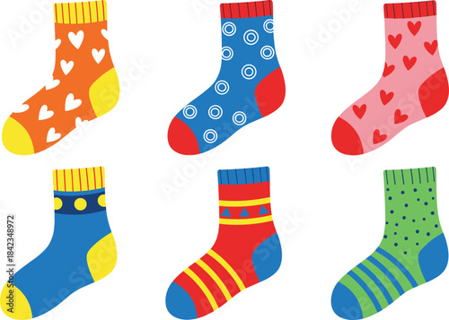 A delightful vector collection of six brightly colored socks featuring hearts, polka dots, and stripe patterns, perfect for fashion, comfort, winter apparel, and children's wear designs