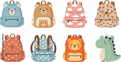 Cute children’s backpacks with animal faces, patterns, and playful designs including bear, lion, dinosaur, hearts, clouds, and polka dots