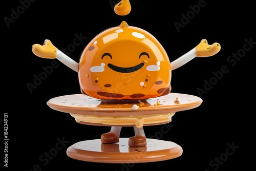 Joyful pancake character embraces the day, standing on a sweet syrup stack