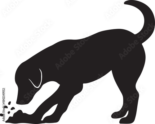 A black silhouette of a dog sniffing the ground intently