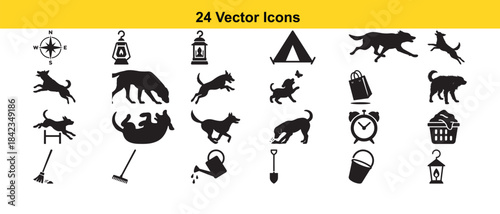 Collection of twenty four black silhouette vector icons depicting animals and objects