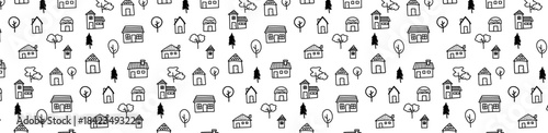 Small village house seamless pattern doodle hand drawing background