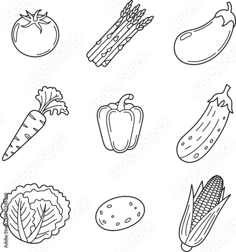 Outline Fresh Produce Vector Set: Asparagus, Tomato, and Bell Pepper Icons