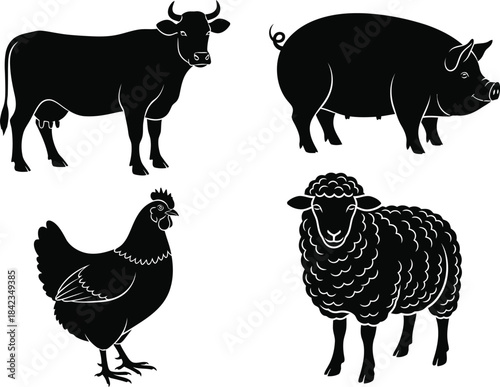 Farm animals black and white illustration set vector graphic