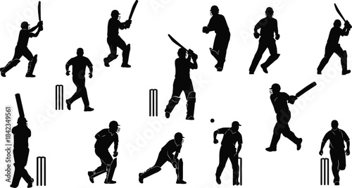 Silhouette of cricket players in various poses isolated on transparent background