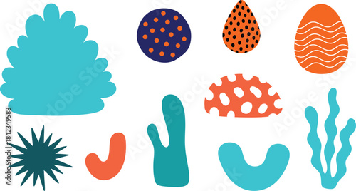 A set of abstract, brightly colored flat marine elements with various shapes and patterns, representing deep ocean life, playful underwater decoration, and modern art concepts
