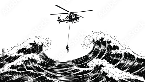 Helicopter silhouette flying over a massive wave isolated on transparent background