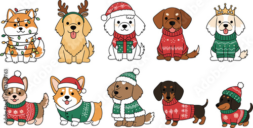 Cute Christmas dogs wearing sweaters, hats, lights, and festive accessories for holiday cards, decorations, and winter illustration projects