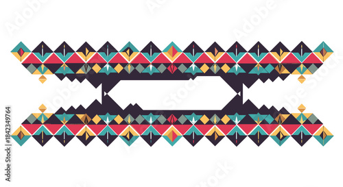 A colorful geometric banner or border with a central copy space, featuring a tribal or aztec-style pattern of triangles and diamonds.