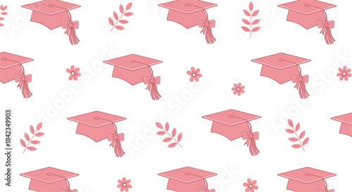 Elegant pink graduation cap seamless pattern with floral elements for celebration designs, academic events, invitations, and decorative backgrounds