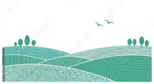 Stylized landscape illustration of rolling green hills with decorative patterns and flying birds, depicting a serene and natural scene.