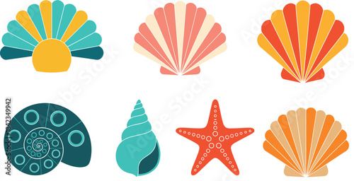 A vibrant vector collection of six flat-style colorful sea shells and one red starfish, perfect for tropical beach themes, ocean concepts, and marine life illustration projects