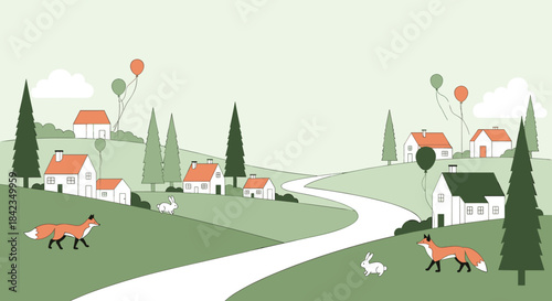 Charming cartoon village on green hills with a winding road, cute foxes, rabbits, and balloons, creating a peaceful fairytale scene.