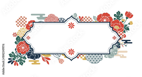 Elegant Japanese-style frame decorated with beautiful traditional flowers like camellias and cherry blossoms on a clean white background.