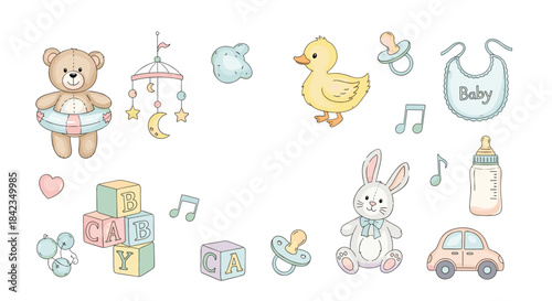 Adorable collection of hand-drawn baby shower elements with a stitched texture, including toys, a teddy bear, and cute essentials.