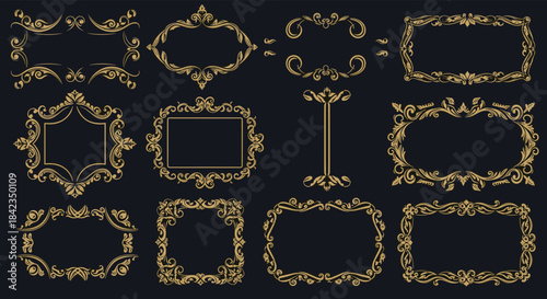 Elegant collection of vintage gold ornamental frames, borders, and dividers in a luxurious baroque style on a dark background.