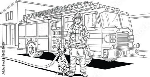 Firefighter standing beside a fire truck isolated on transparent background silhouette