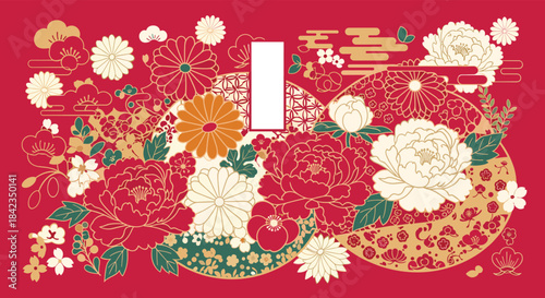 Gorgeous Japanese-style background in vibrant red, adorned with traditional flowers and patterns, featuring a central banner for text.