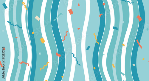 Festive abstract background with wavy blue vertical stripes and colorful confetti, perfect for celebrations, parties, and events.