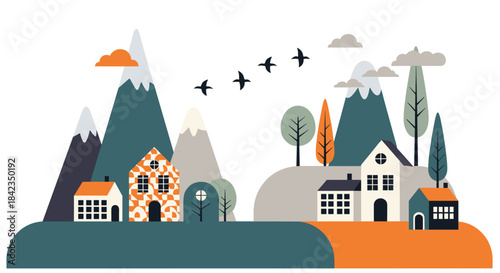 Modern flat design illustration of a cozy village nestled between abstract mountains with a flock of birds flying in the sky.