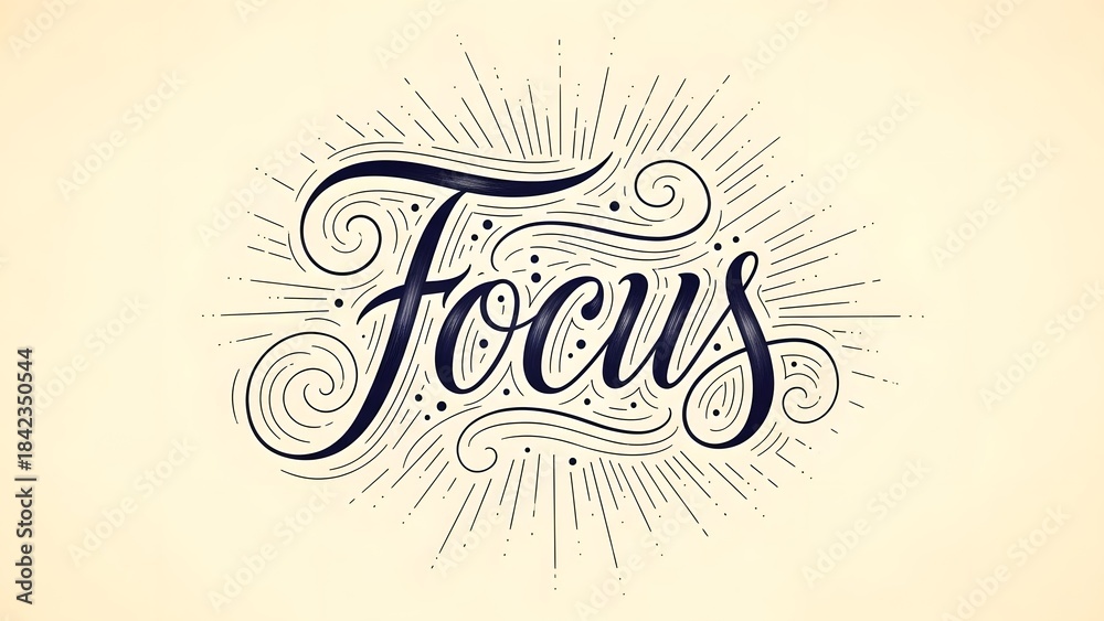 Elegant hand lettered calligraphy design with the word focus on a beige background
