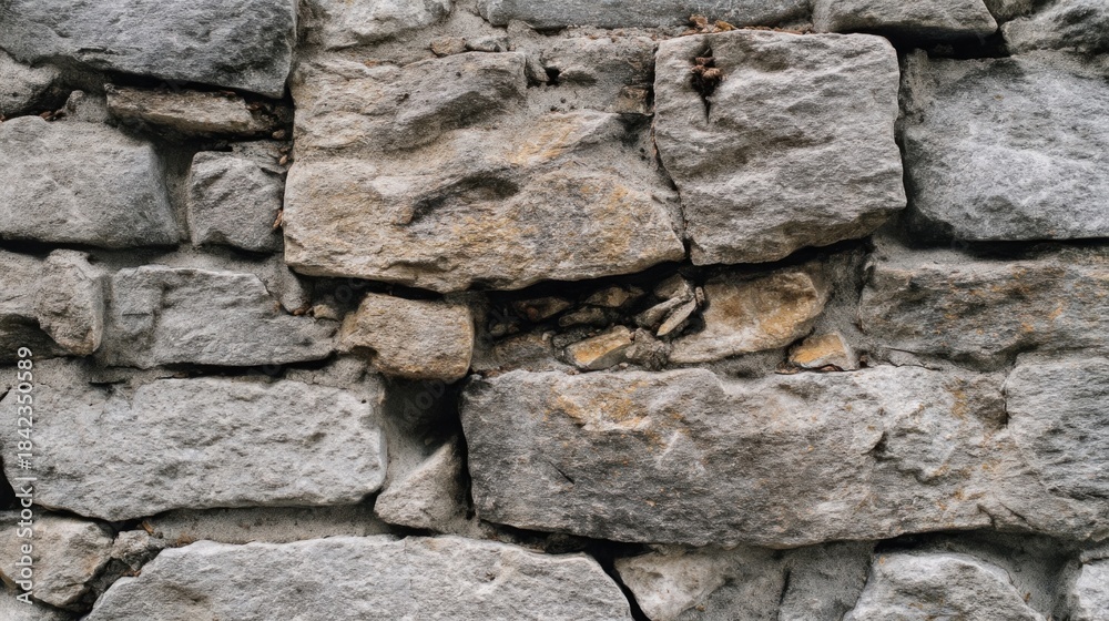 Fototapeta premium An ancient grey stone wall with uneven texture, erosion marks, small holes, and cracks,