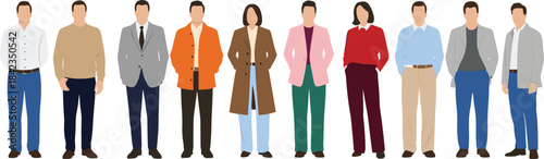 Group of diverse stylish men and women standing in casual and formal outfits for fashion, business, and lifestyle illustrations