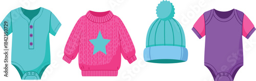 A colorful vector collection of cute baby clothes, featuring sweaters, knit hats, and short-sleeved bodysuits, perfect for children's fashion, apparel, and infant care concepts