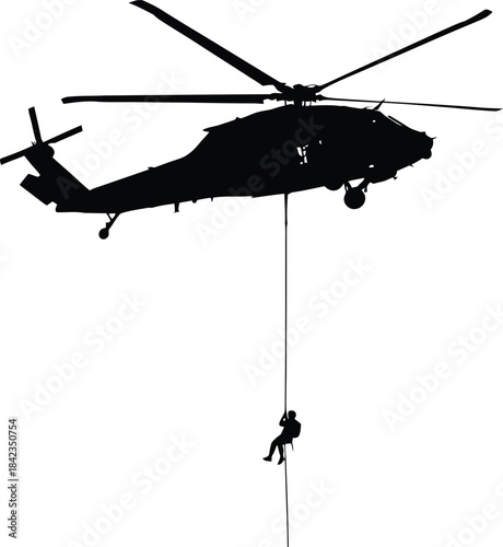 Silhouette of helicopter with person hanging isolated on transparent background