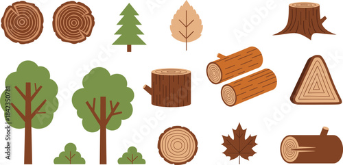 A diverse vector set featuring wood elements like tree cross-sections, logs, stumps, and whole trees, symbolizing forestry, carpentry, construction material, and sustainable natural resources concepts