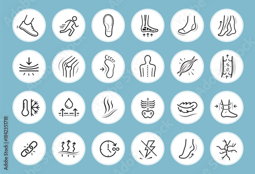 Set icons for foot health. These icons can visually communicate the key features of footwear designed to promote foot health. The outline icons are well scalable and editable. EPS10.