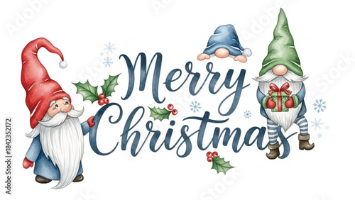 Watercolor Merry Christmas Gnomes Illustration with Holly Leaves and Snowflakes