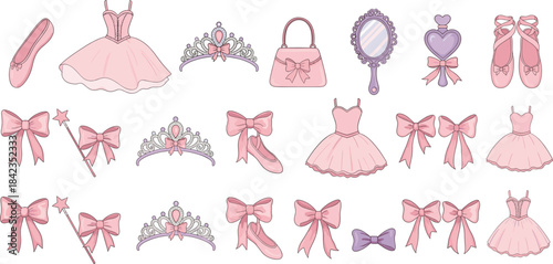 Pink ballet and princess accessories including dresses, shoes, bows, tiaras, wands, and handbags for feminine decorative illustrations