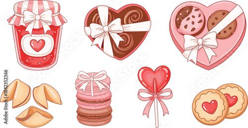 Valentine sweets collection featuring heart candies, cookies, macarons, chocolates, and jam jars with bows in cute romantic style