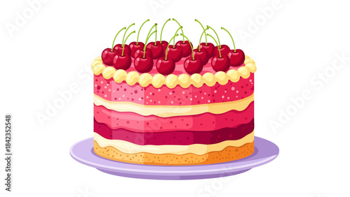 Resting on a lilac plate, this vibrant layer cake features visible tiers of pink fruit filling and cream, crowned with a generous cluster of stemmed red cherries.