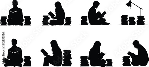 Silhouettes of people, including a woman and a man sitting at a flora in a library setting