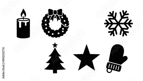 Christmas symbols flat icons set holiday season isolated black silhouettes on white background