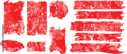 Red Stamp texture grunge set. Rolled ink texture. Organic overlay highlight . Vector grainy letterpress texture .Screen print texture.