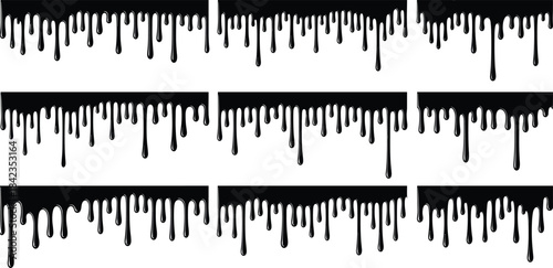 Black dripping liquid vector borders with realistic drip shapes, slime, paint drips, melting effect design elements
